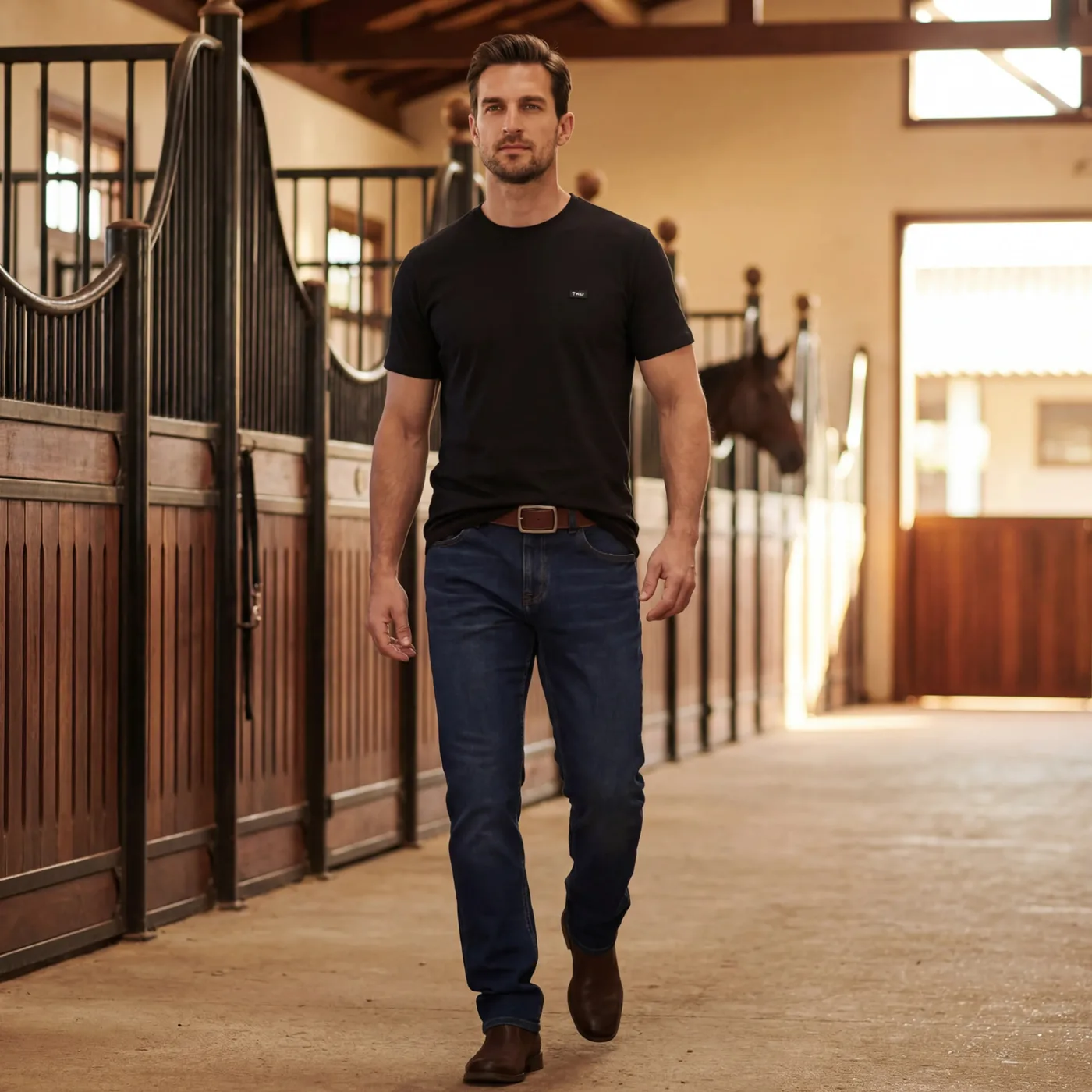 Camiseta básica TXC preta com jeans — haras
